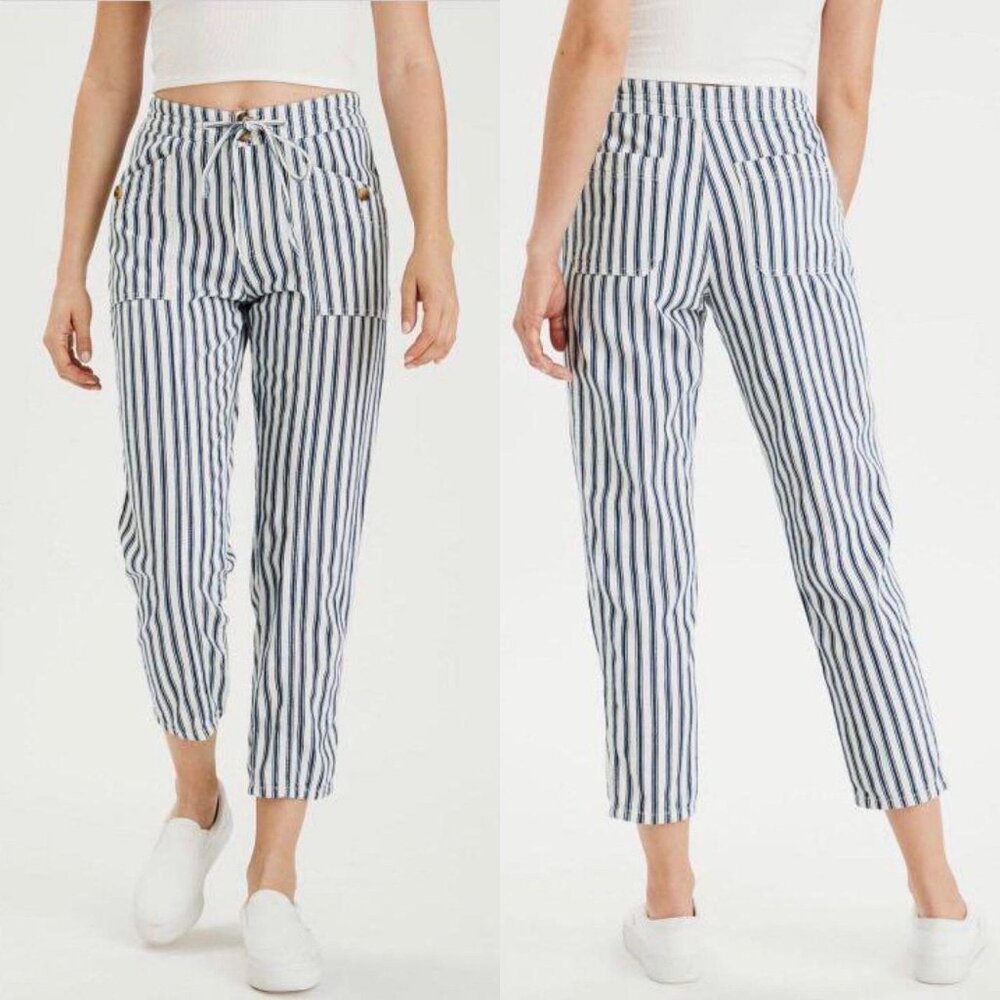 AMERICAN EAGLE High Rise Tapered-Leg Striped Pants Cream & Blue EUC | Size 4R